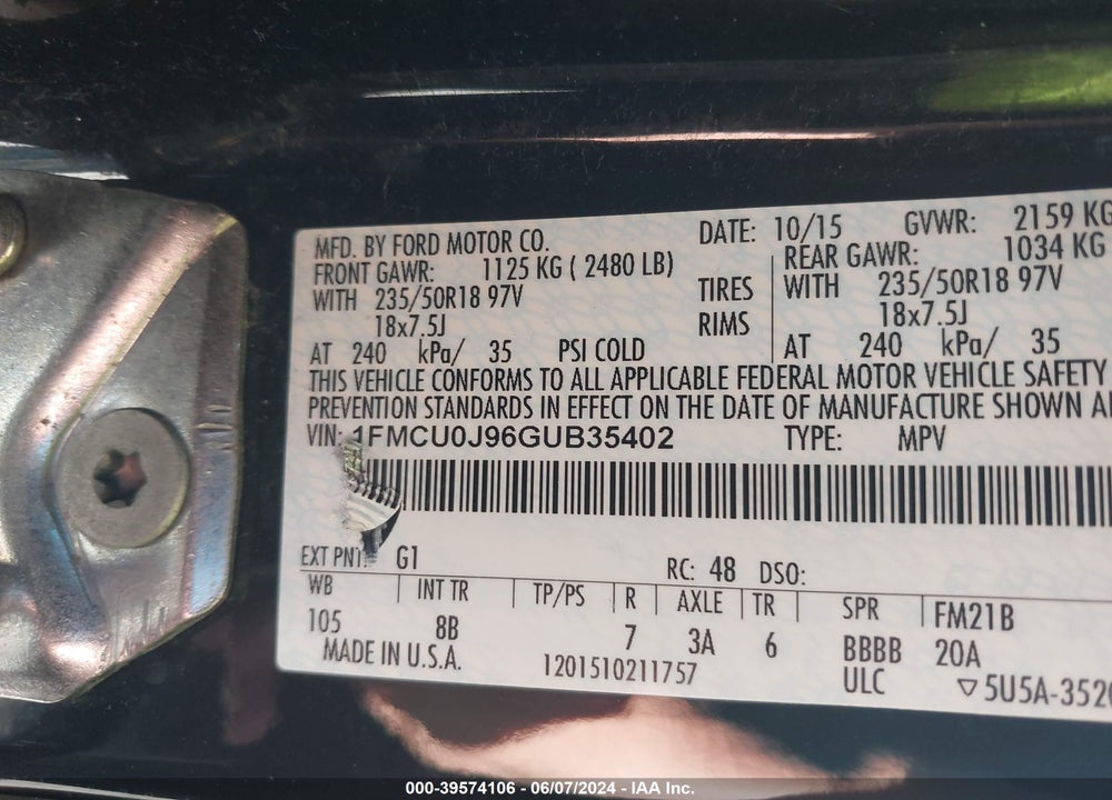 2016 FORD ESCAPE TITANIUM VIN: 1FMCU0J96GUB35402