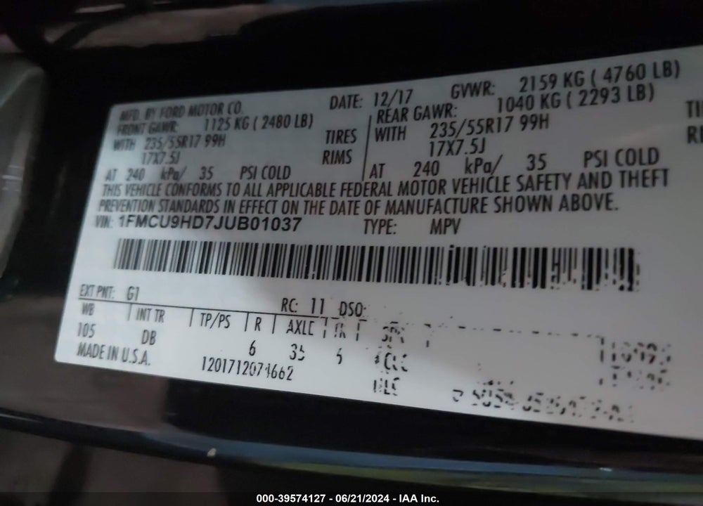 2018 FORD ESCAPE SEL VIN: 1FMCU9HD7JUB01037