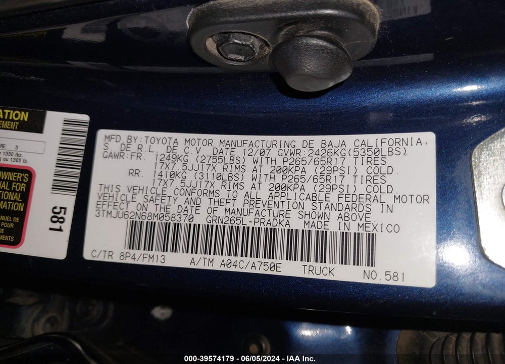 2008 TOYOTA TACOMA PRERUNNER V6 VIN: 3TMJU62N68M058370