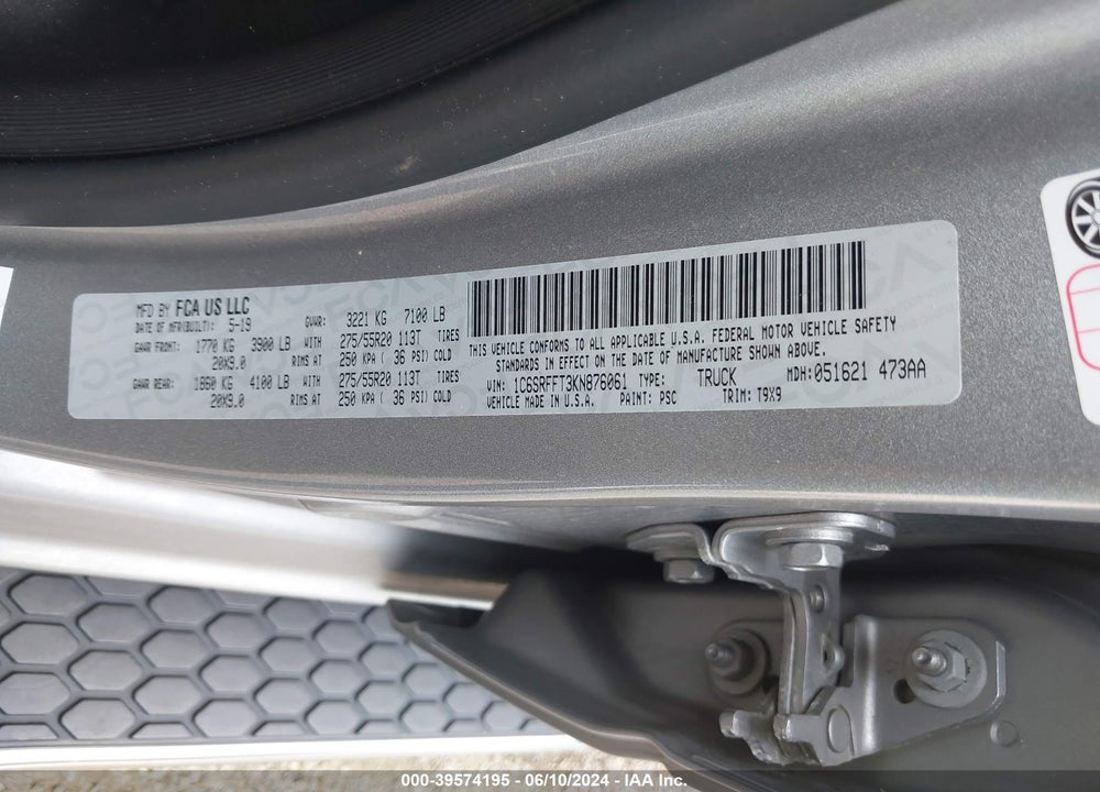 2019 RAM 1500 BIG HORN/LONE STAR 4X4 5'7 BOX VIN: 1C6SRFFT3KN876061