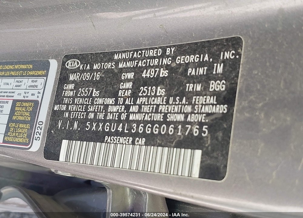 2016 KIA OPTIMA EX VIN: 5XXGU4L36GG061765