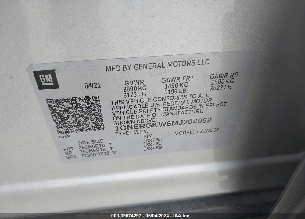 2021 CHEVROLET TRAVERSE FWD LT CLOTH VIN: 1GNERGKW6MJ204962