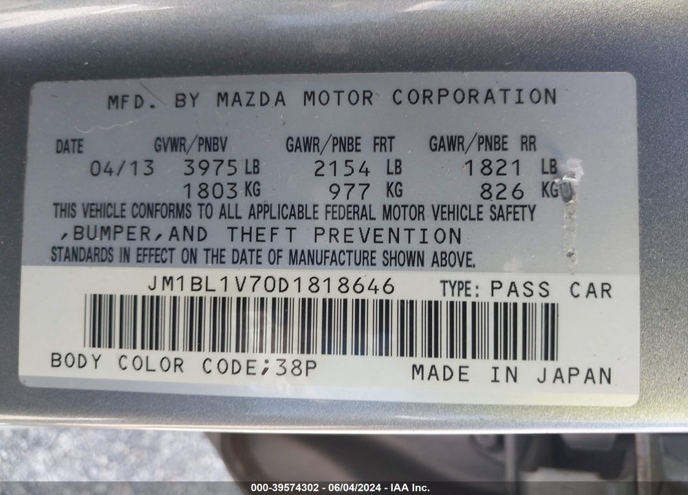 2013 MAZDA 3 I TOURING VIN: JM1BL1V70D1818646