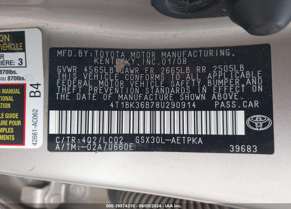 2008 TOYOTA AVALON LIMITED VIN: 4T1BK36B78U290914