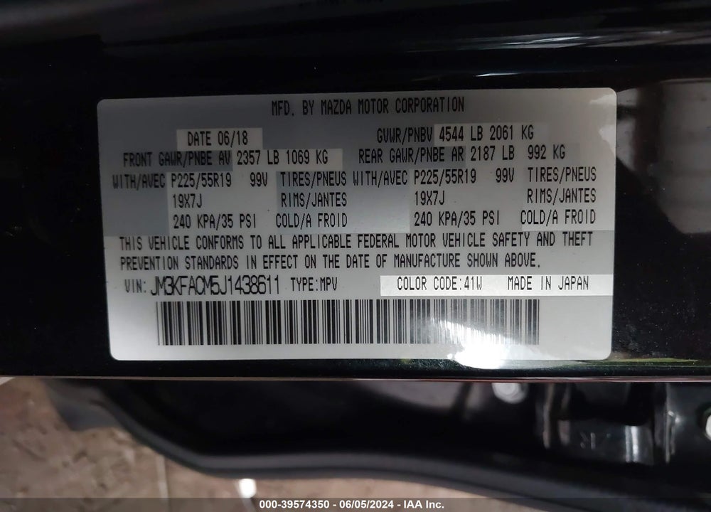 2018 MAZDA CX-5 TOURING VIN: JM3KFACM5J1438611