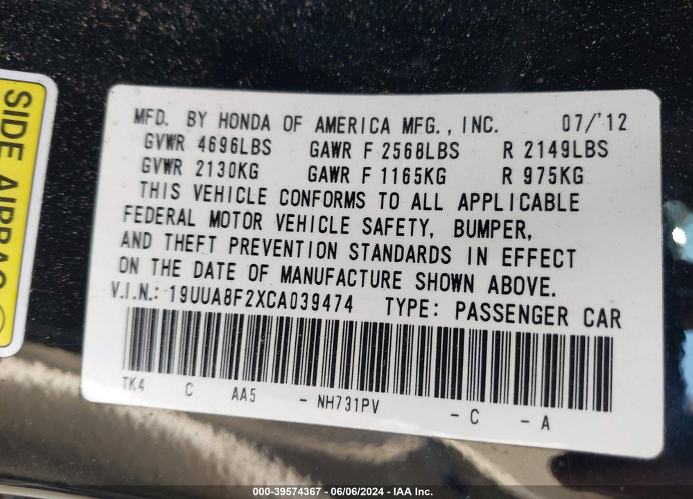 2012 ACURA TL 3.5 VIN: 19UUA8F2XCA039474