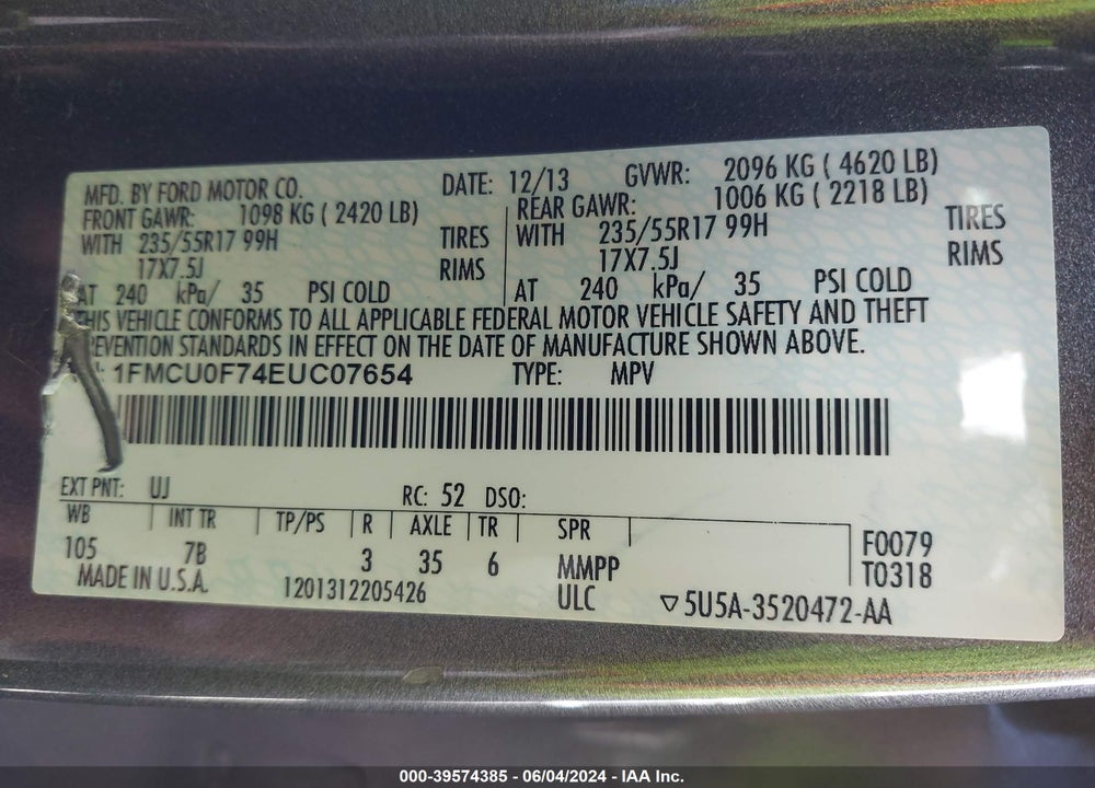 2014 FORD ESCAPE S VIN: 1FMCU0F74EUC07654