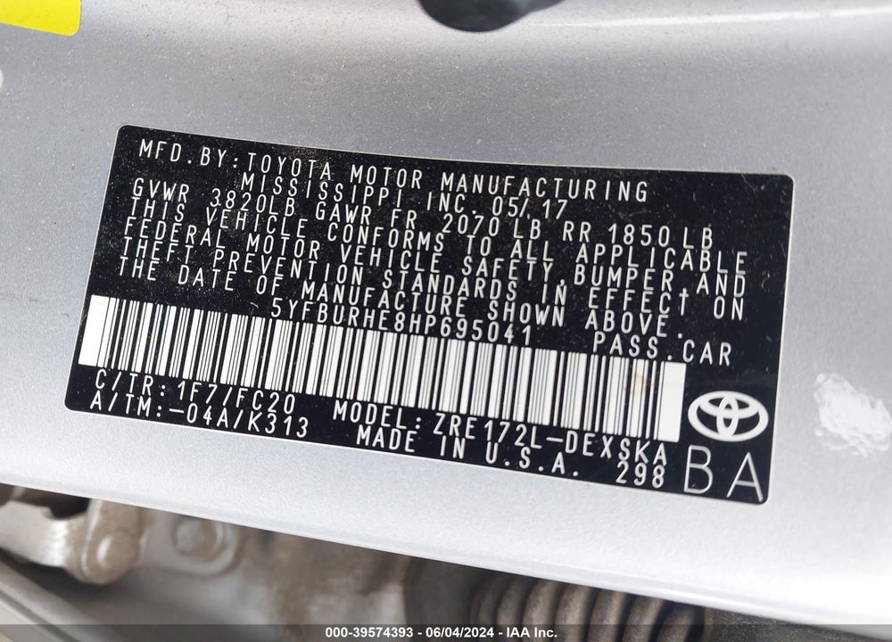 2017 TOYOTA COROLLA SE VIN: 5YFBURHE8HP695041