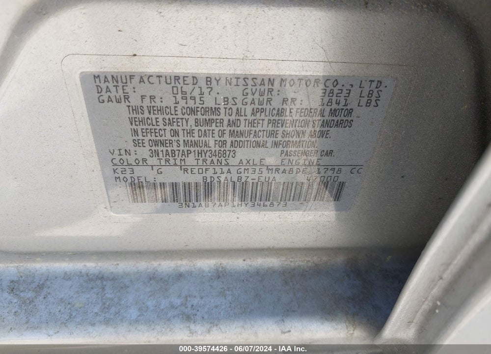 2017 NISSAN SENTRA S VIN: 3N1AB7AP1HY346873