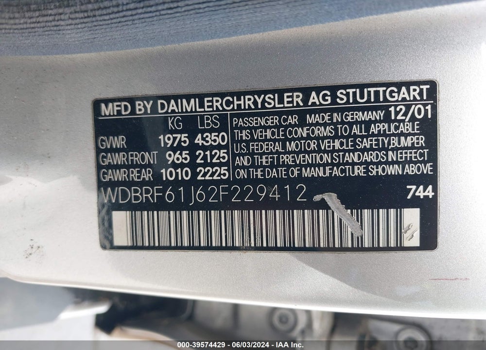 2002 MERCEDES-BENZ C 240 VIN: WDBRF61J62F229412