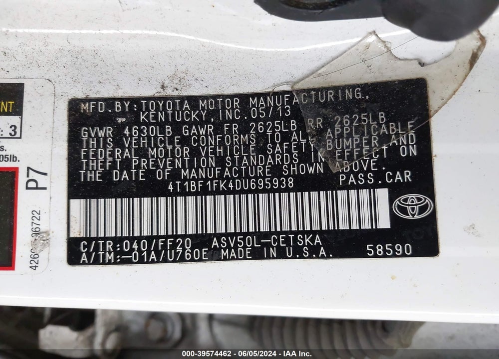 2013 TOYOTA CAMRY SE VIN: 4T1BF1FK4DU695938