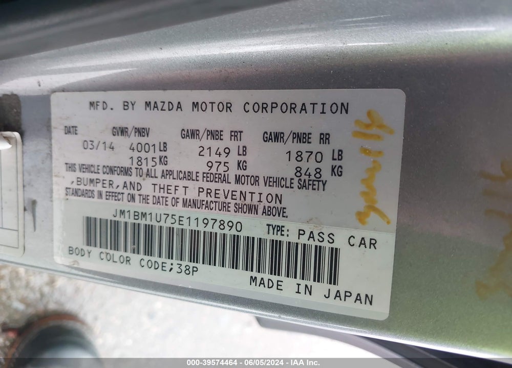 2014 MAZDA 3 I SPORT VIN: JM1BM1U75E1197890