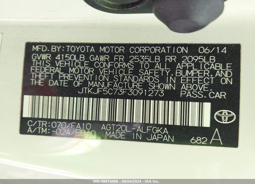 2015 SCION TC VIN: JTKJF5C73F3091273