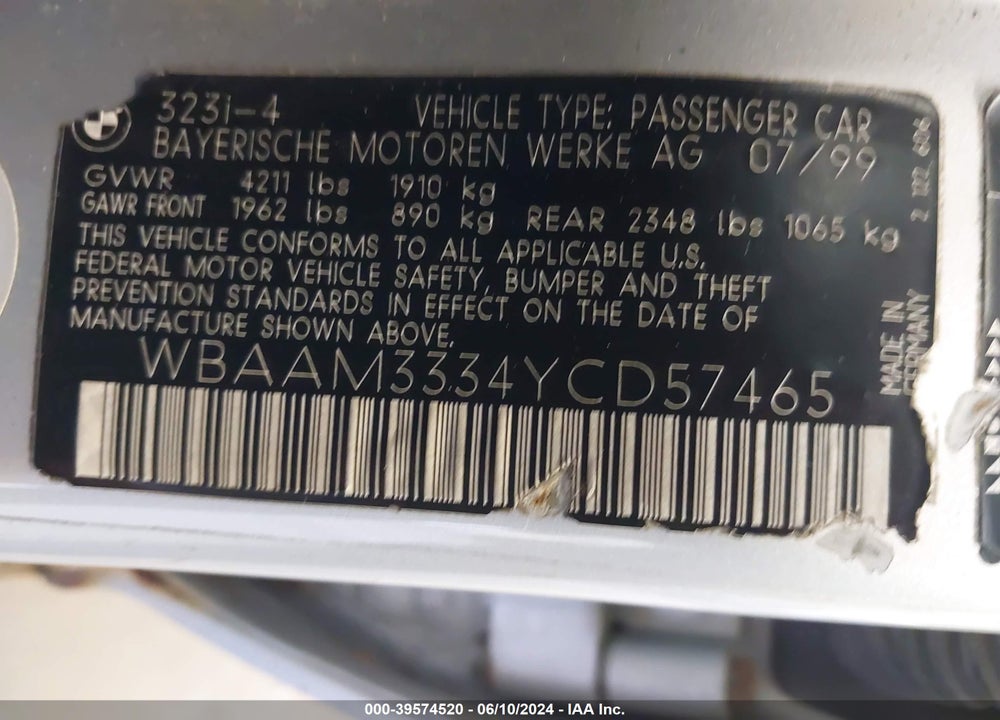 2000 BMW 323I VIN: WBAAM3334YCD57465