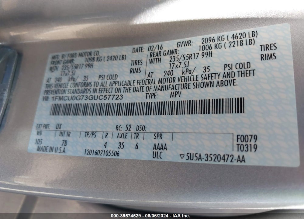 2016 FORD ESCAPE SE VIN: 1FMCU0G73GUC57723