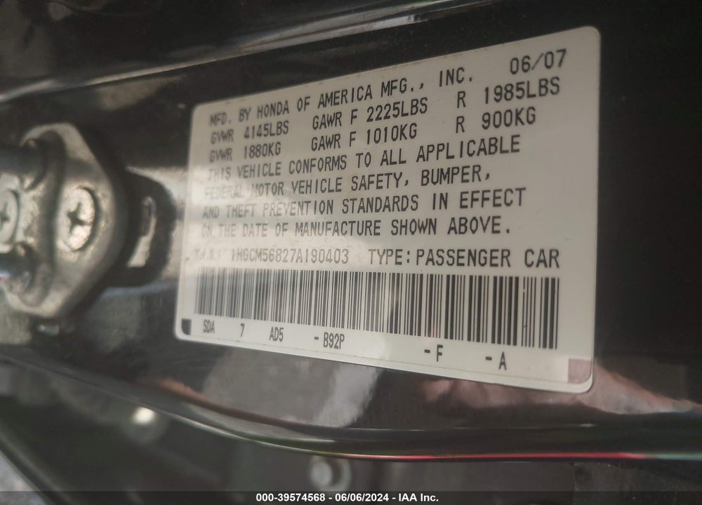 2007 HONDA ACCORD 2.4 EX VIN: 1HGCM56827A190403