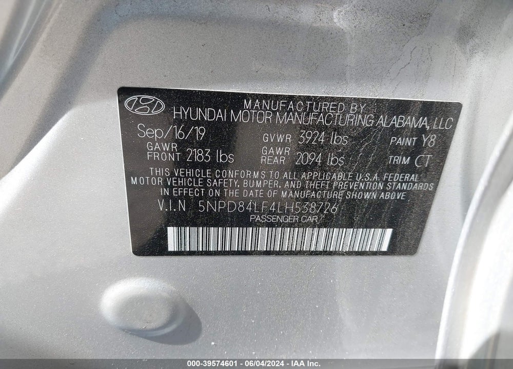 2020 HYUNDAI ELANTRA SEL VIN: 5NPD84LF4LH538726