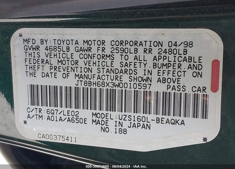 1998 LEXUS GS 400 VIN: JT8BH68X3W0010597