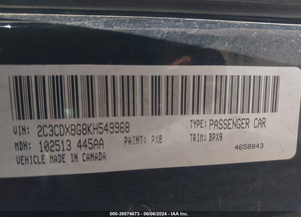 2019 DODGE CHARGER SXT RWD VIN: 2C3CDXBG8KH549968