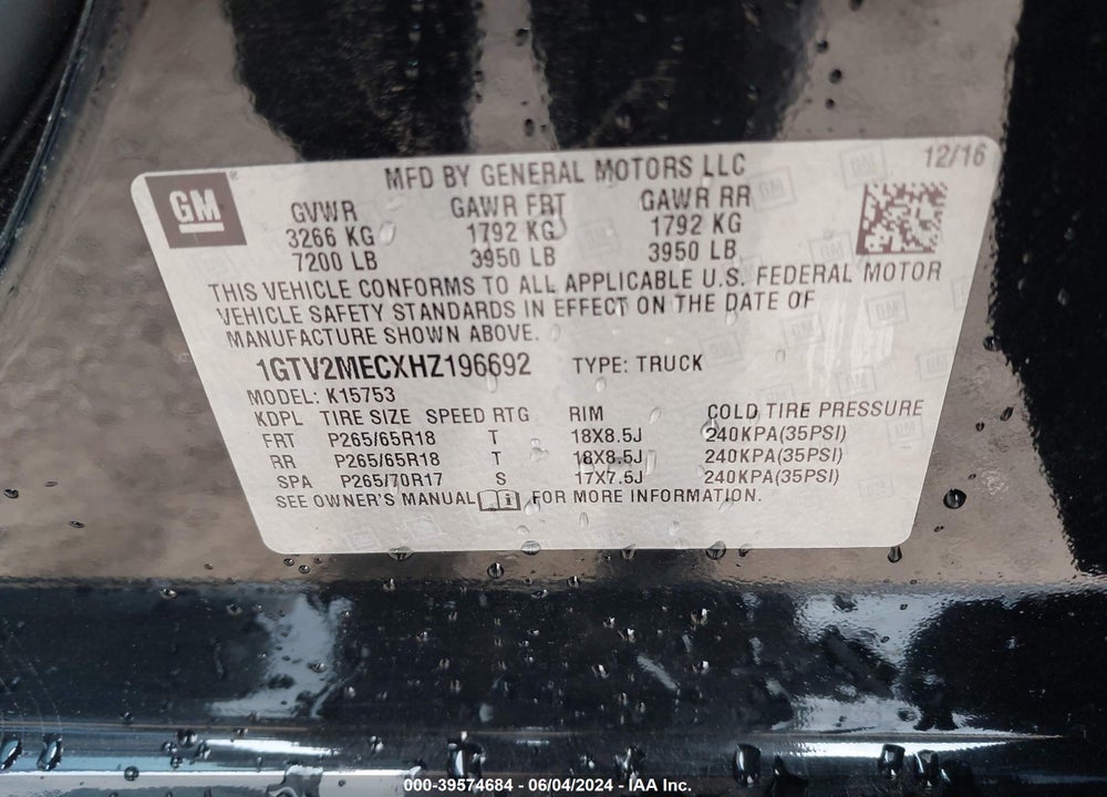 2017 GMC SIERRA 1500 SLE VIN: 1GTV2MECXHZ196692
