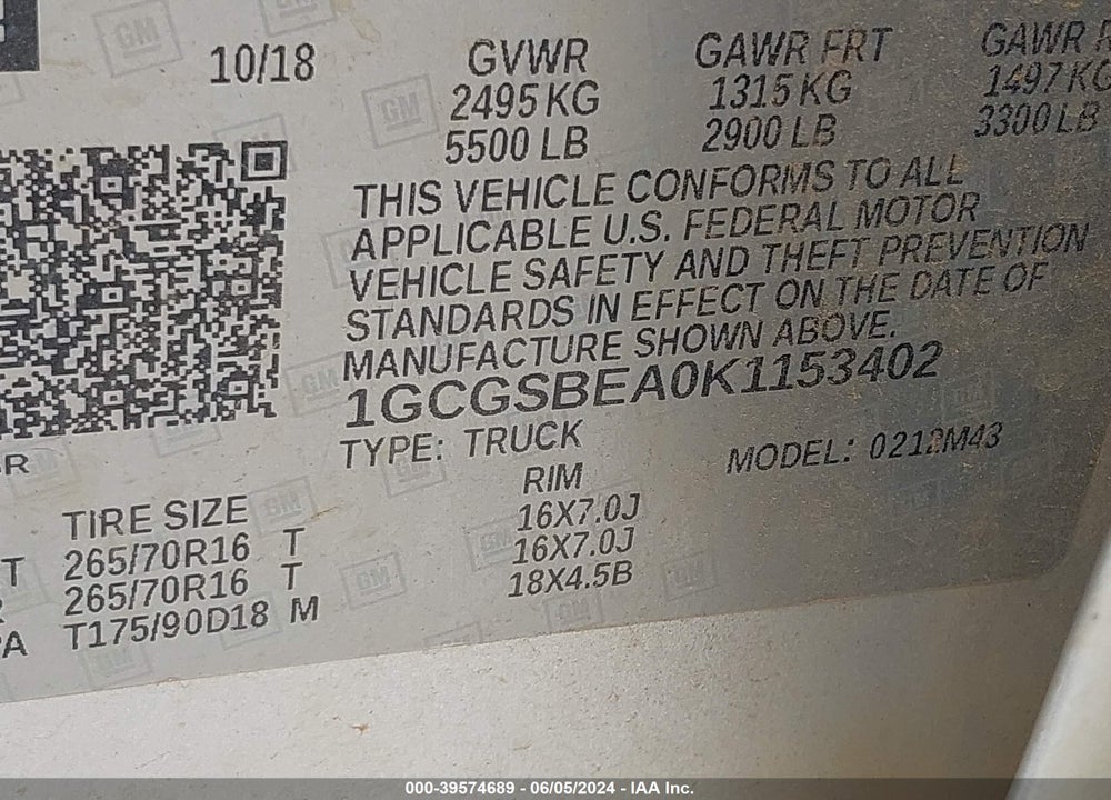 2019 CHEVROLET COLORADO WT VIN: 1GCGSBEA0K1153402
