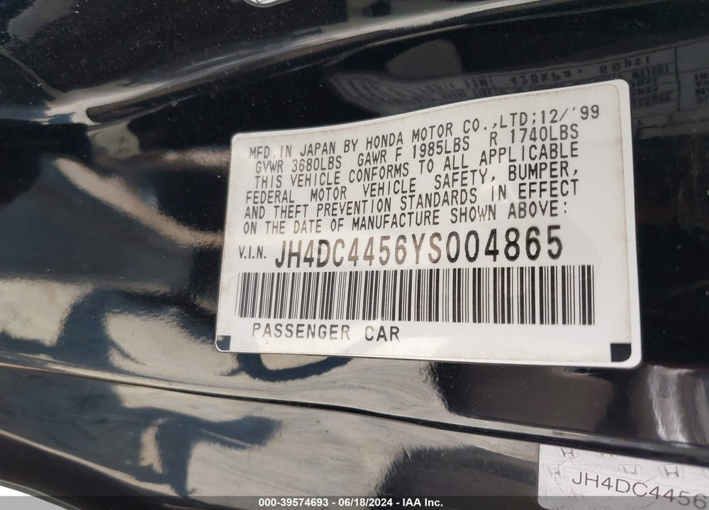 2000 ACURA INTEGRA LS VIN: JH4DC4456YS004865