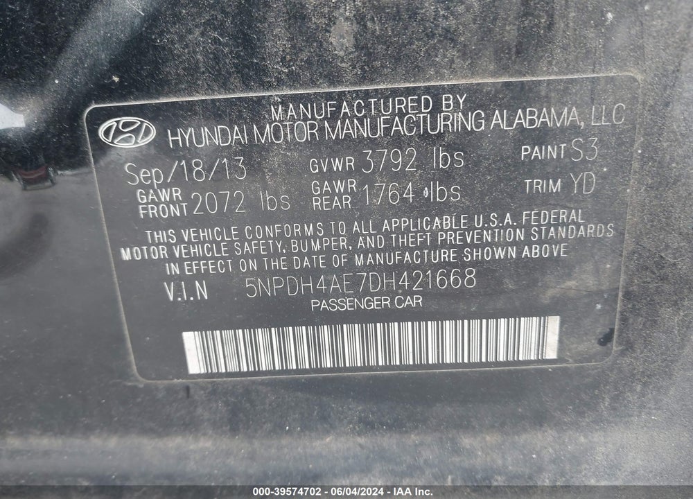 2013 HYUNDAI ELANTRA GLS VIN: 5NPDH4AE7DH421668