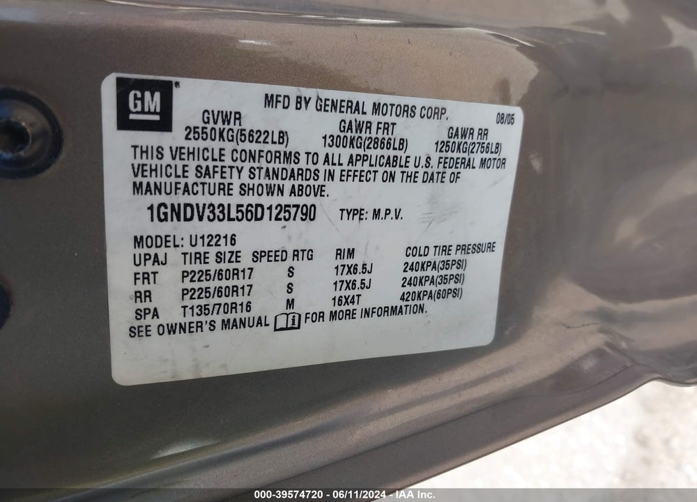 2006 CHEVROLET UPLANDER LT VIN: 1GNDV33L56D125790