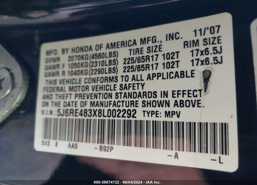 2008 HONDA CR-V LX VIN: 5J6RE483X8L002292