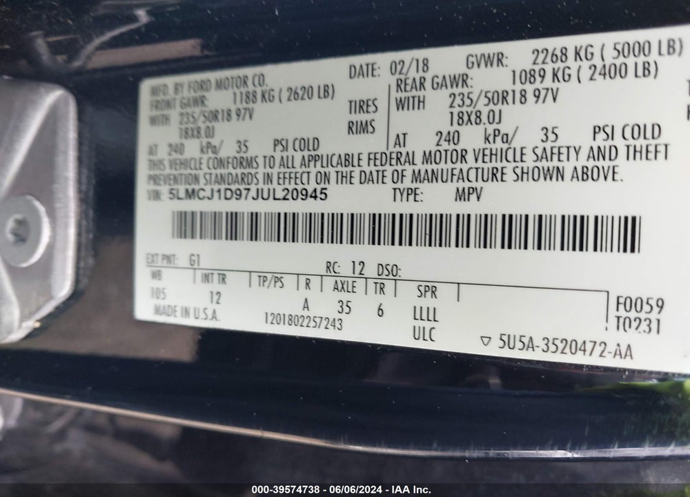 2018 LINCOLN MKC PREMIERE VIN: 5LMCJ1D97JUL20945