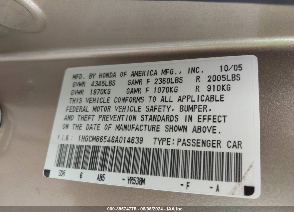 2006 HONDA ACCORD 3.0 EX VIN: 1HGCM66546A014639