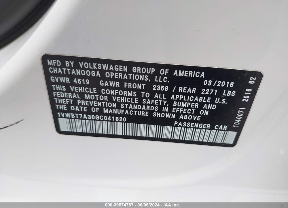 2016 VOLKSWAGEN PASSAT 1.8T SE VIN: 1VWBT7A30GC041820