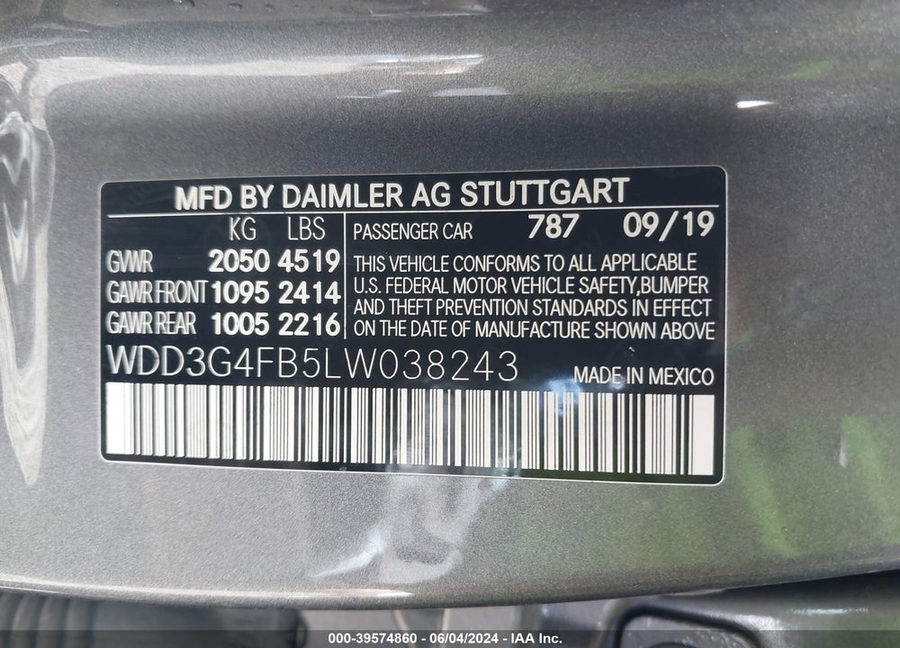 2020 MERCEDES-BENZ A 220 4MATIC VIN: WDD3G4FB5LW038243
