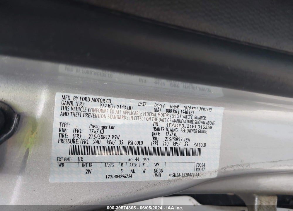 2014 FORD FOCUS TITANIUM VIN: 1FADP3J21EL316355