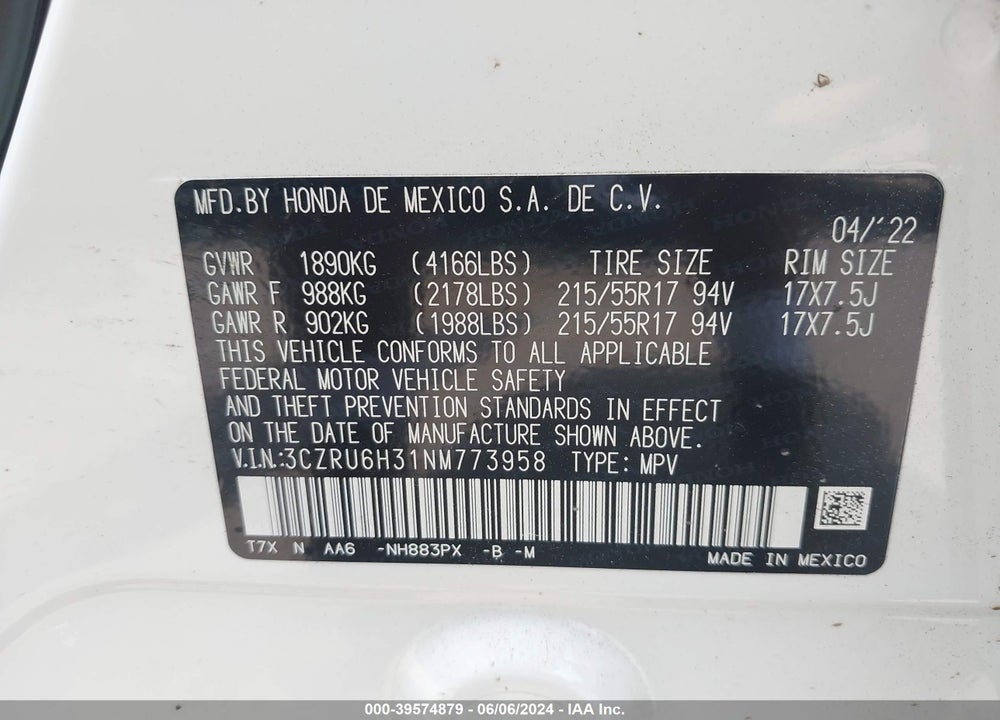 2022 HONDA HR-V AWD LX VIN: 3CZRU6H31NM773958