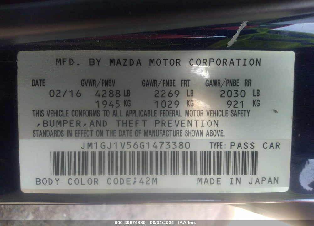 2016 MAZDA 6 I TOURING VIN: JM1GJ1V56G1473380