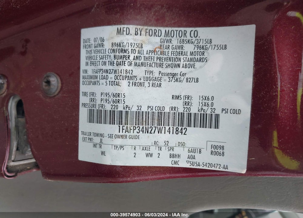 2007 FORD FOCUS S/SE/SES VIN: 1FAFP34N27W141842