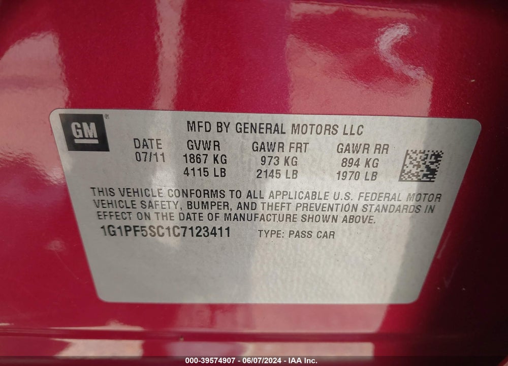 2012 CHEVROLET CRUZE 1LT VIN: 1G1PF5SC1C7123411
