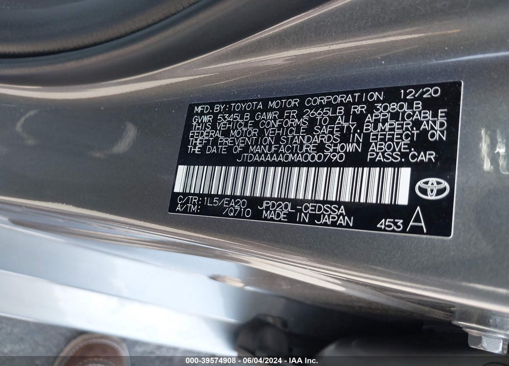 2021 TOYOTA MIRAI XLE VIN: JTDAAAAA0MA000790