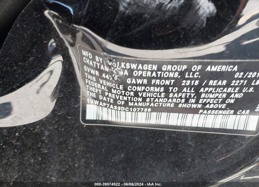 2013 VOLKSWAGEN PASSAT 2.5L S VIN: 1VWAP7A33DC107739