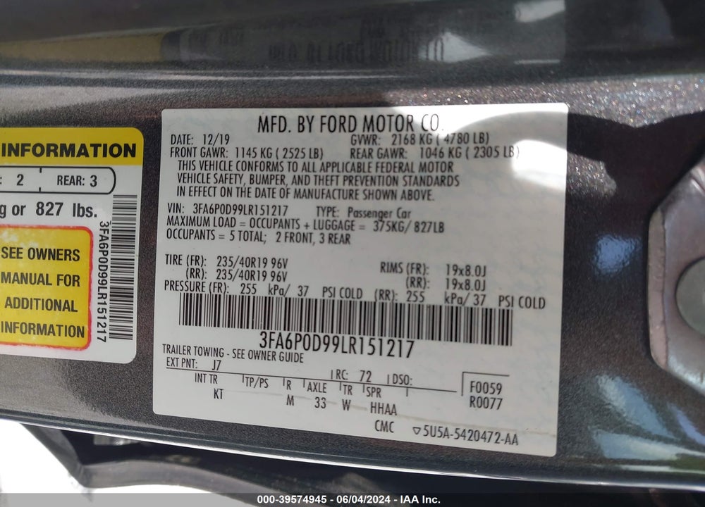 2020 FORD FUSION TITANIUM VIN: 3FA6P0D99LR151217