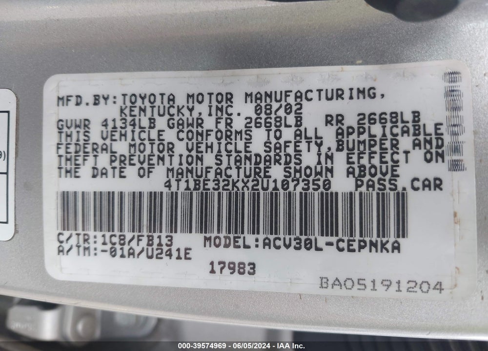 2002 TOYOTA CAMRY LE VIN: 4T1BE32KX2U107350