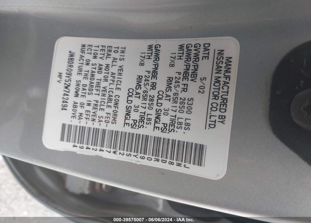 2002 NISSAN PATHFINDER LE/SE VIN: JN8DR09Y52W742494