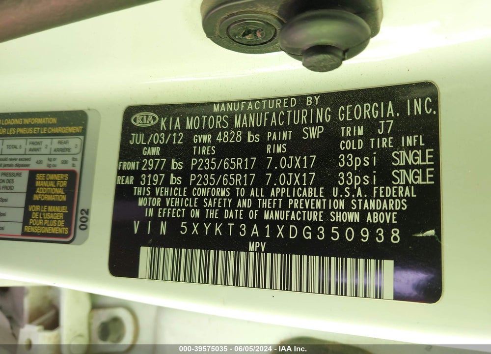 2013 KIA SORENTO LX VIN: 5XYKT3A1XDG350938