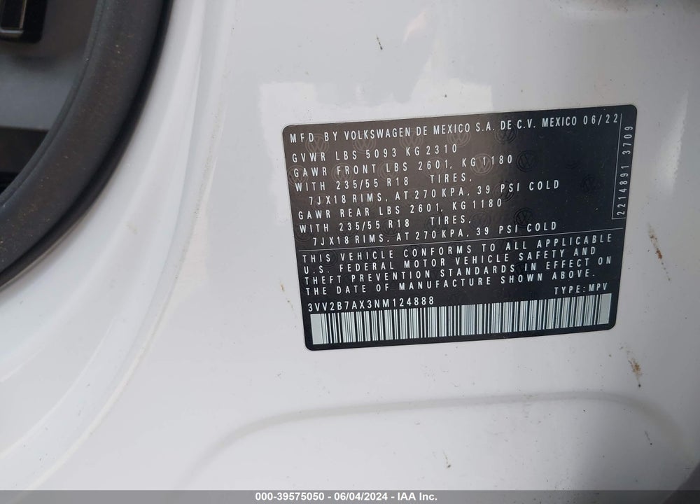 2022 VOLKSWAGEN TIGUAN 2.0T SE VIN: 3VV2B7AX3NM124888