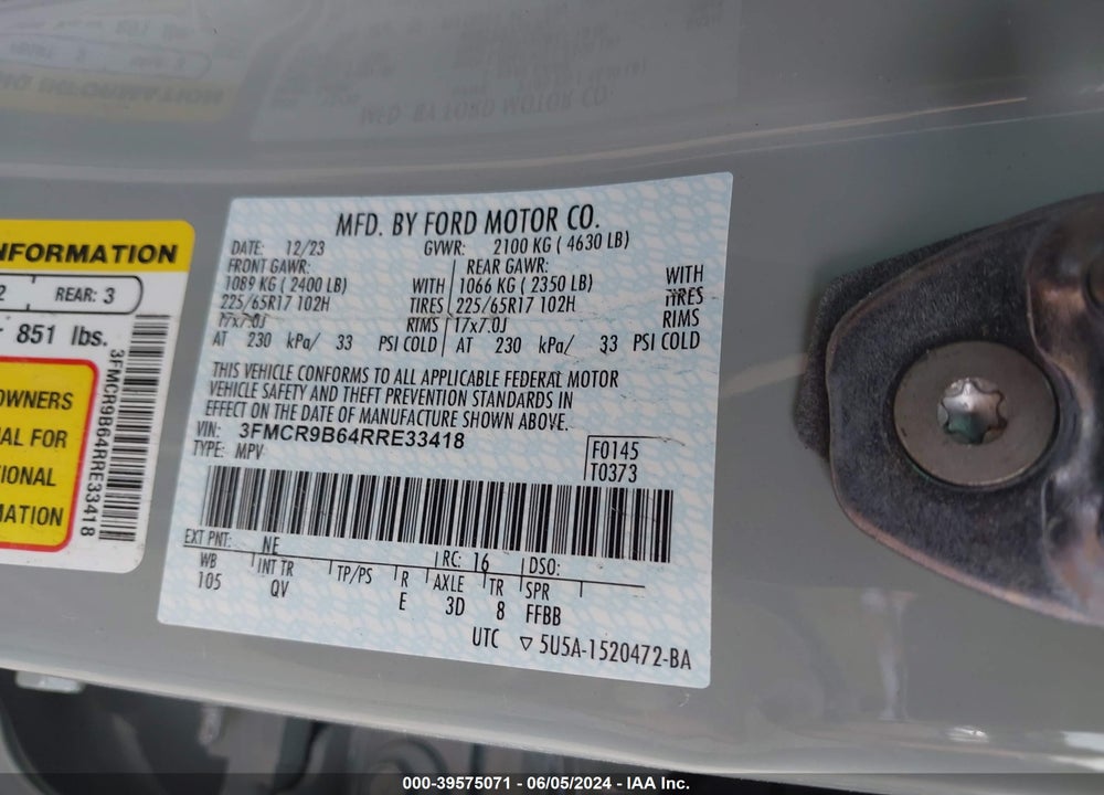 2024 FORD BRONCO SPORT BIG BEND VIN: 3FMCR9B64RRE33418