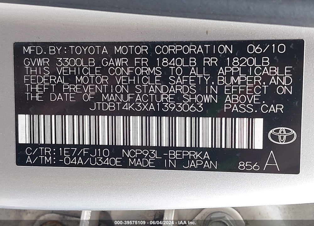 2010 TOYOTA YARIS VIN: JTDBT4K3XA1393063