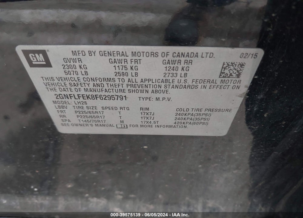 2015 CHEVROLET EQUINOX 1LT VIN: 2GNFLFEK8F6295791