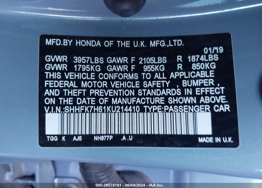 2019 HONDA CIVIC EX VIN: SHHFK7H61KU214410