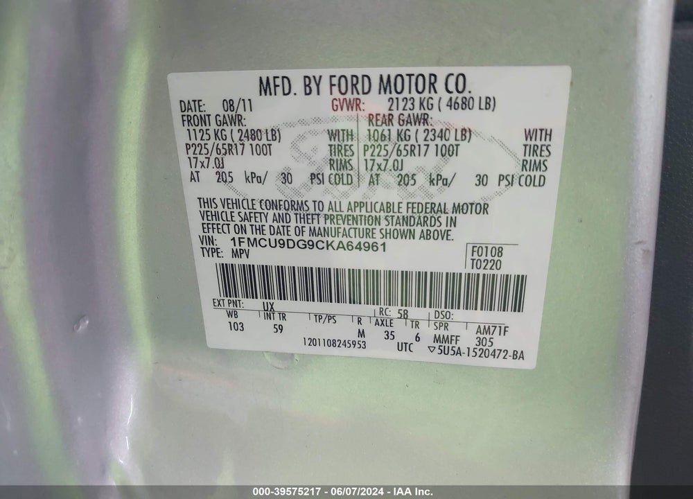 2012 FORD ESCAPE XLT VIN: 1FMCU9DG9CKA64961